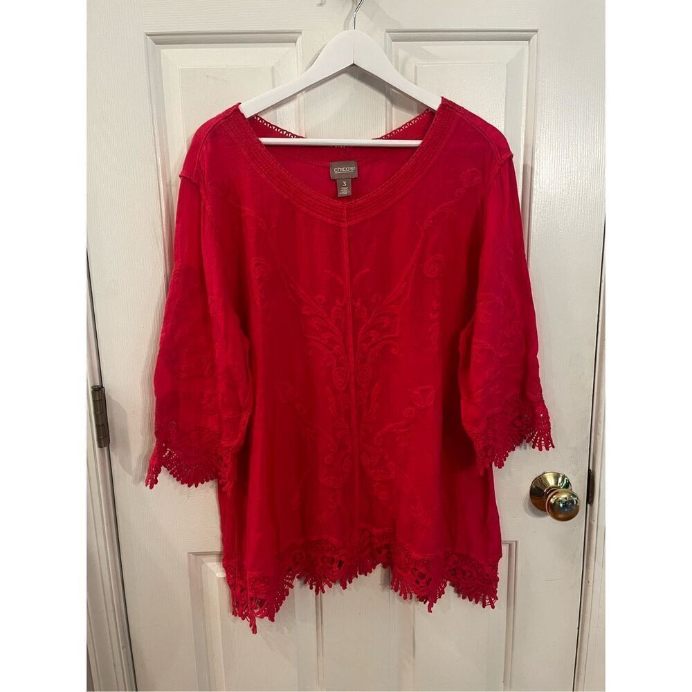 Chico’s Hot Pink Crochet Trim Gauzy Tunic Blouse Sz 3 or L EUC